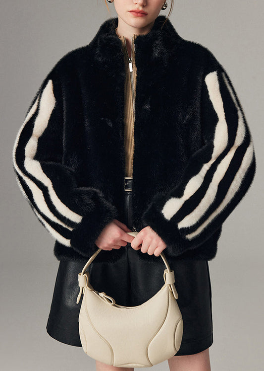 Manteau hiver fourrure noir à capuchon et fermeture éclair - EasyApparels