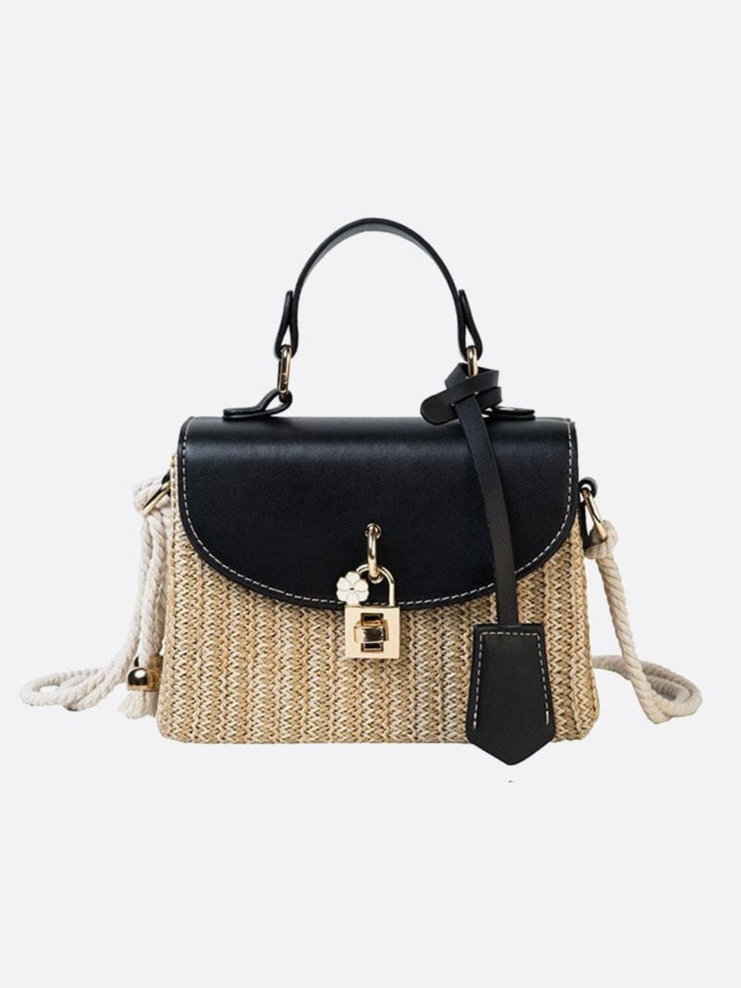 Sac de Paille Femme avec Kaki en Cuir Noir et Bretelle Amovible - BerlinGlamour