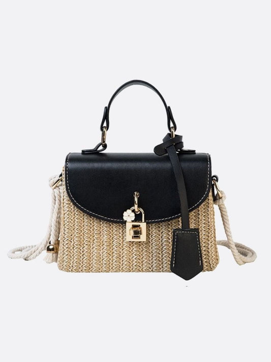 Sac de Paille Femme avec Kaki en Cuir Noir et Bretelle Amovible - BerlinGlamour