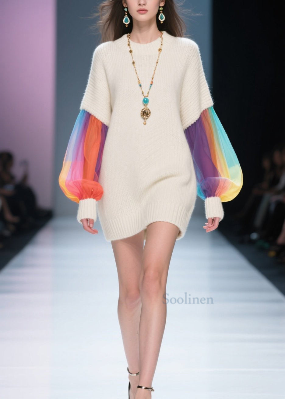 Robe patchwork beige col rond avec tulle hiver - EasyApparels