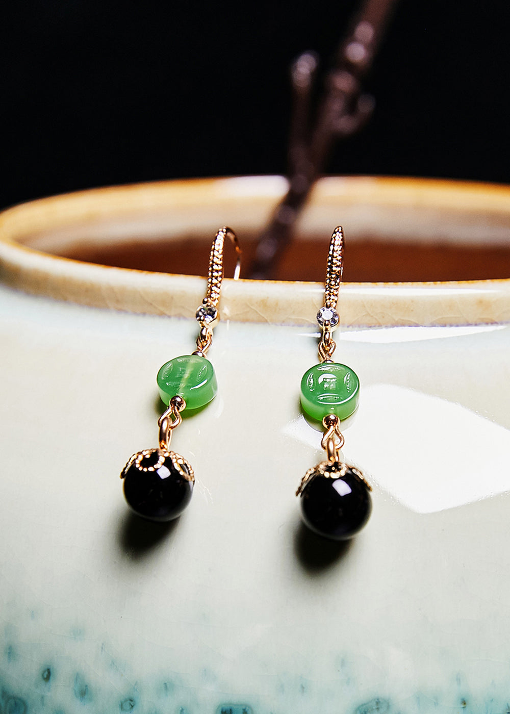 Jade Earrings with Black Agate Drops - EasyApparels