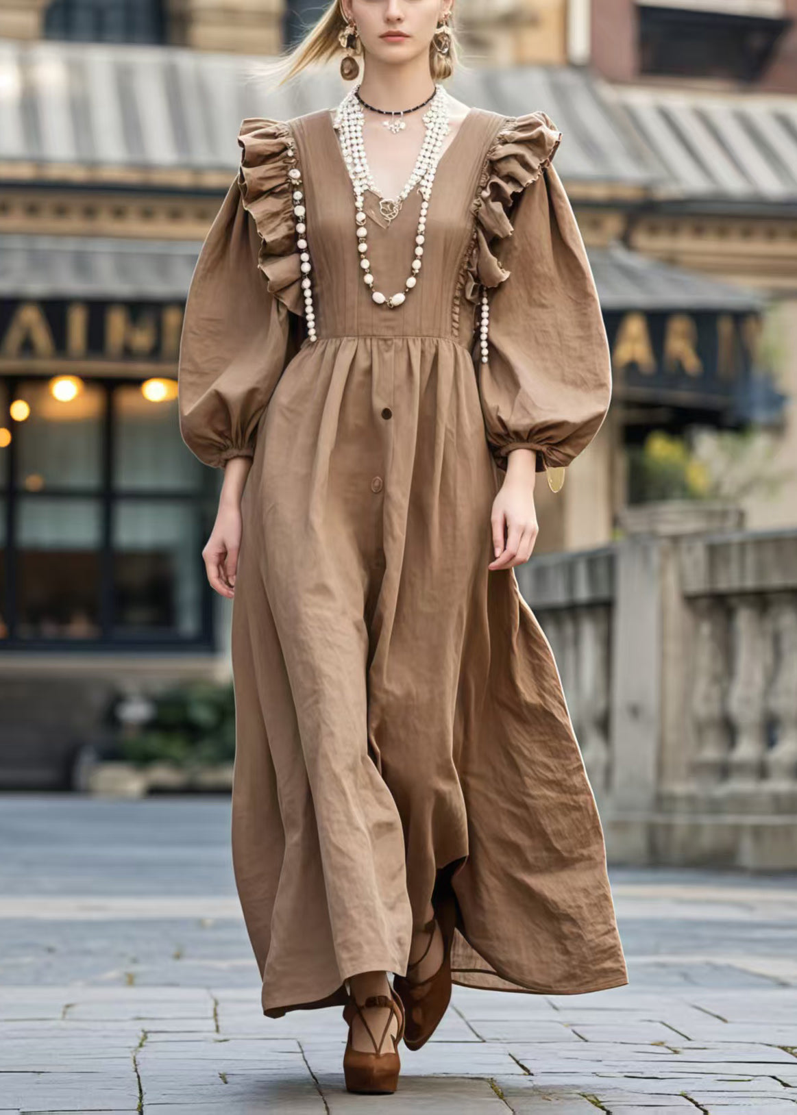 Robe décontractée en coton brun pour femme - EasyApparels