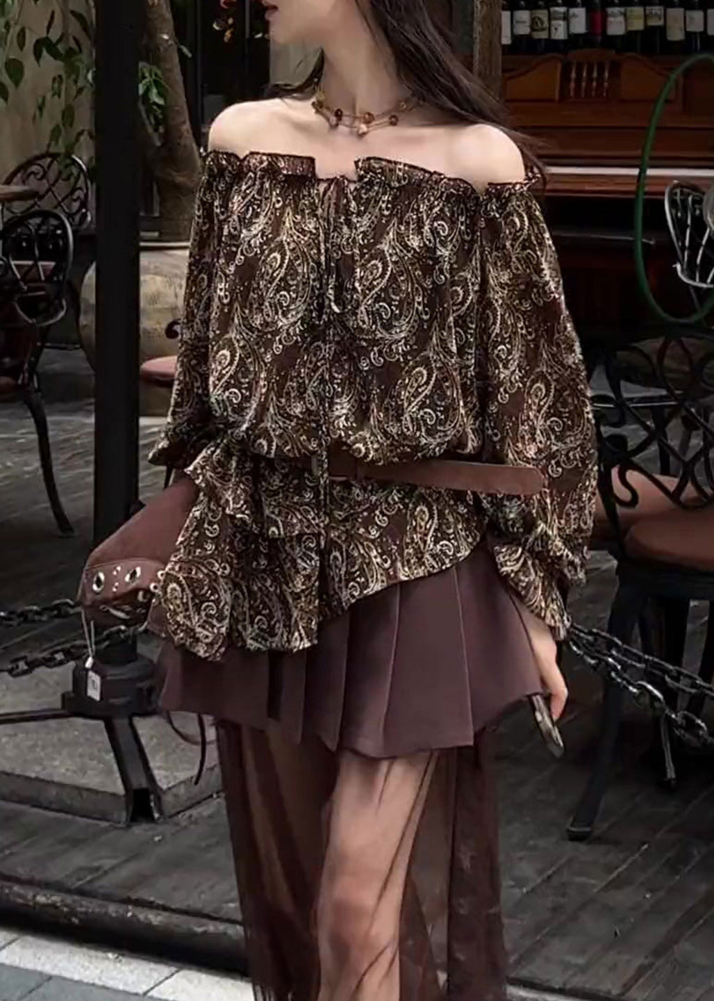 Dress en coton imprimé épaules découvertes marron hiver - EasyApparels