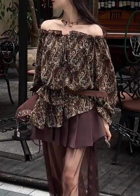 Dress en coton imprimé épaules découvertes marron hiver - EasyApparels
