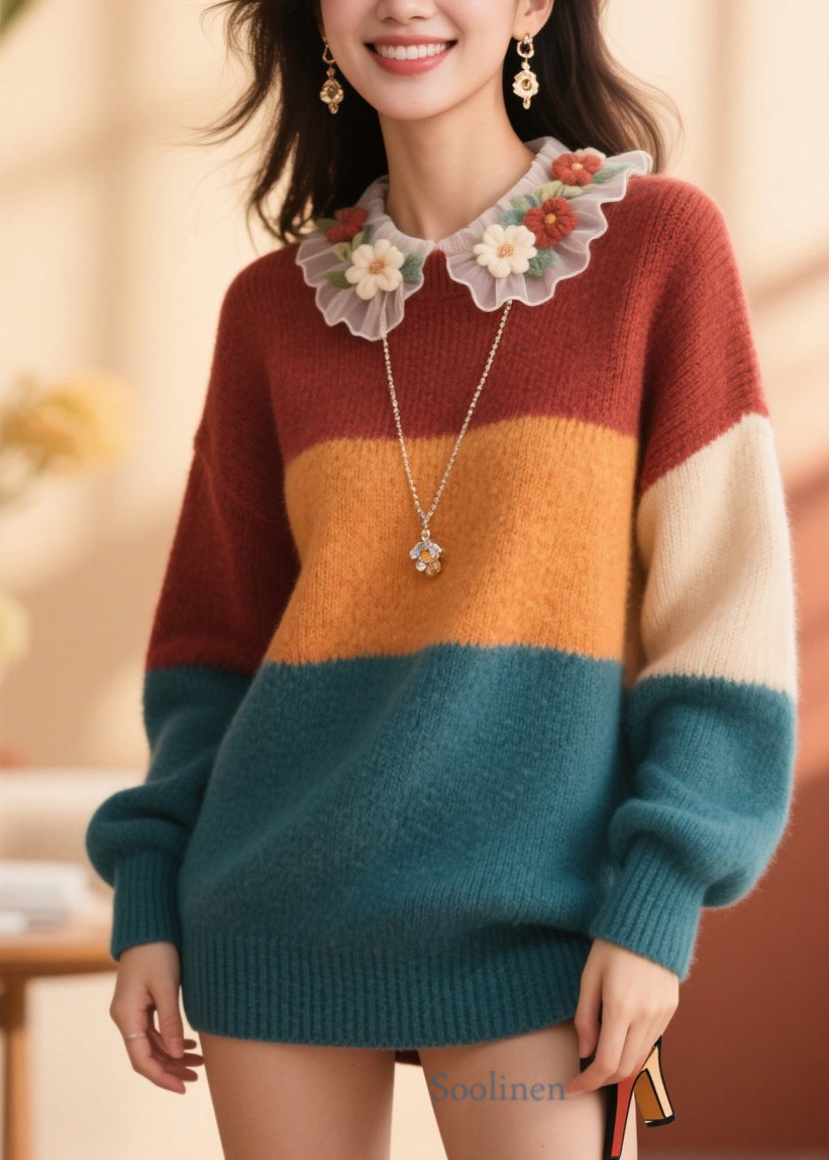 Colorful Patchwork Sweater with Round Neck and Fall Colors - EasyApparels