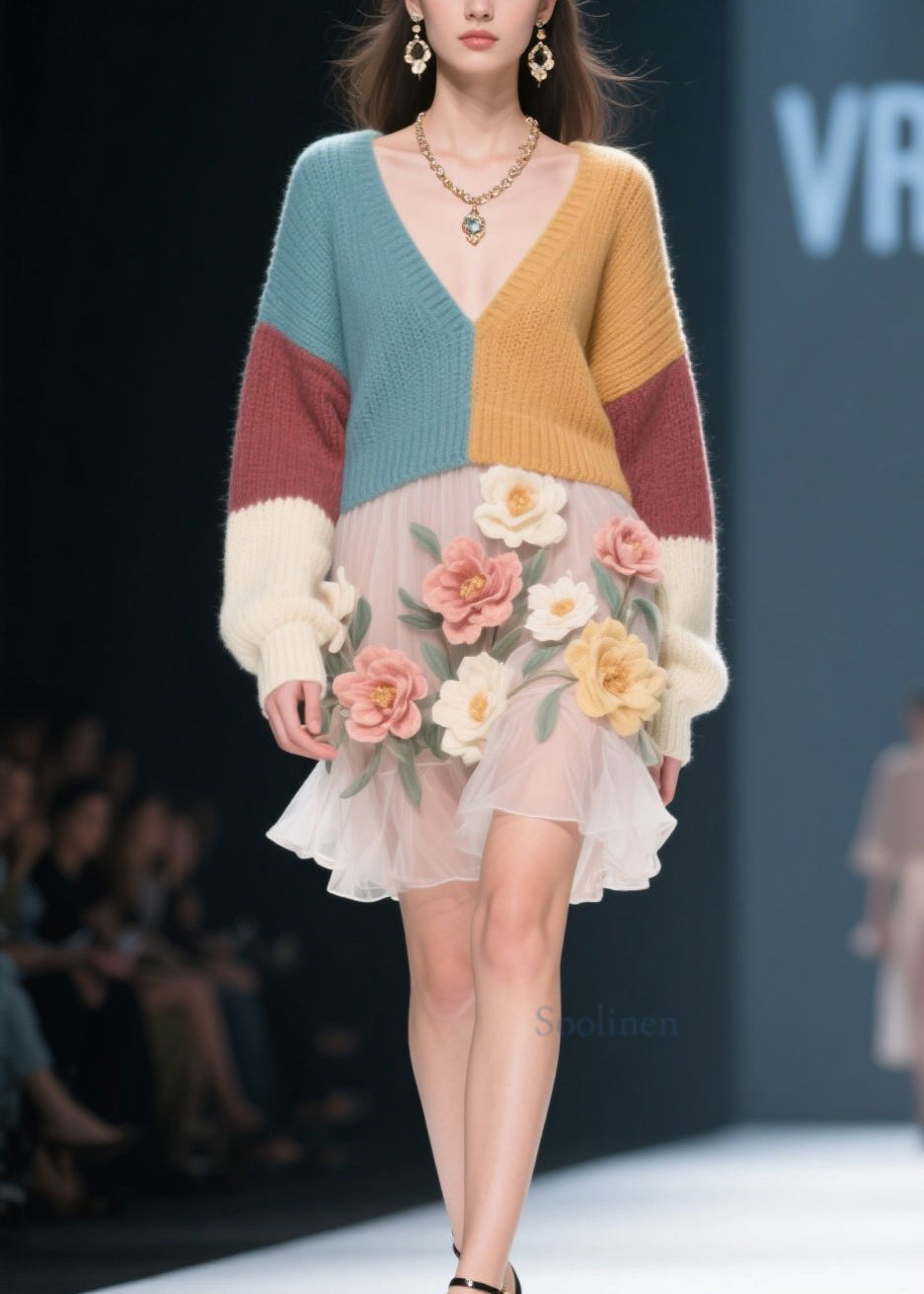 Colorful Floral Lace Robe with V Neck and Tulle - EasyApparels