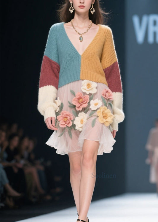 Colorful Floral Lace Robe with V Neck and Tulle - EasyApparels