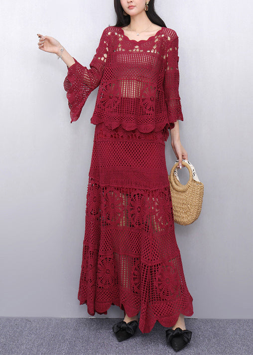 Robe deux pièces rouge décolleté en dentelle - EasyApparels