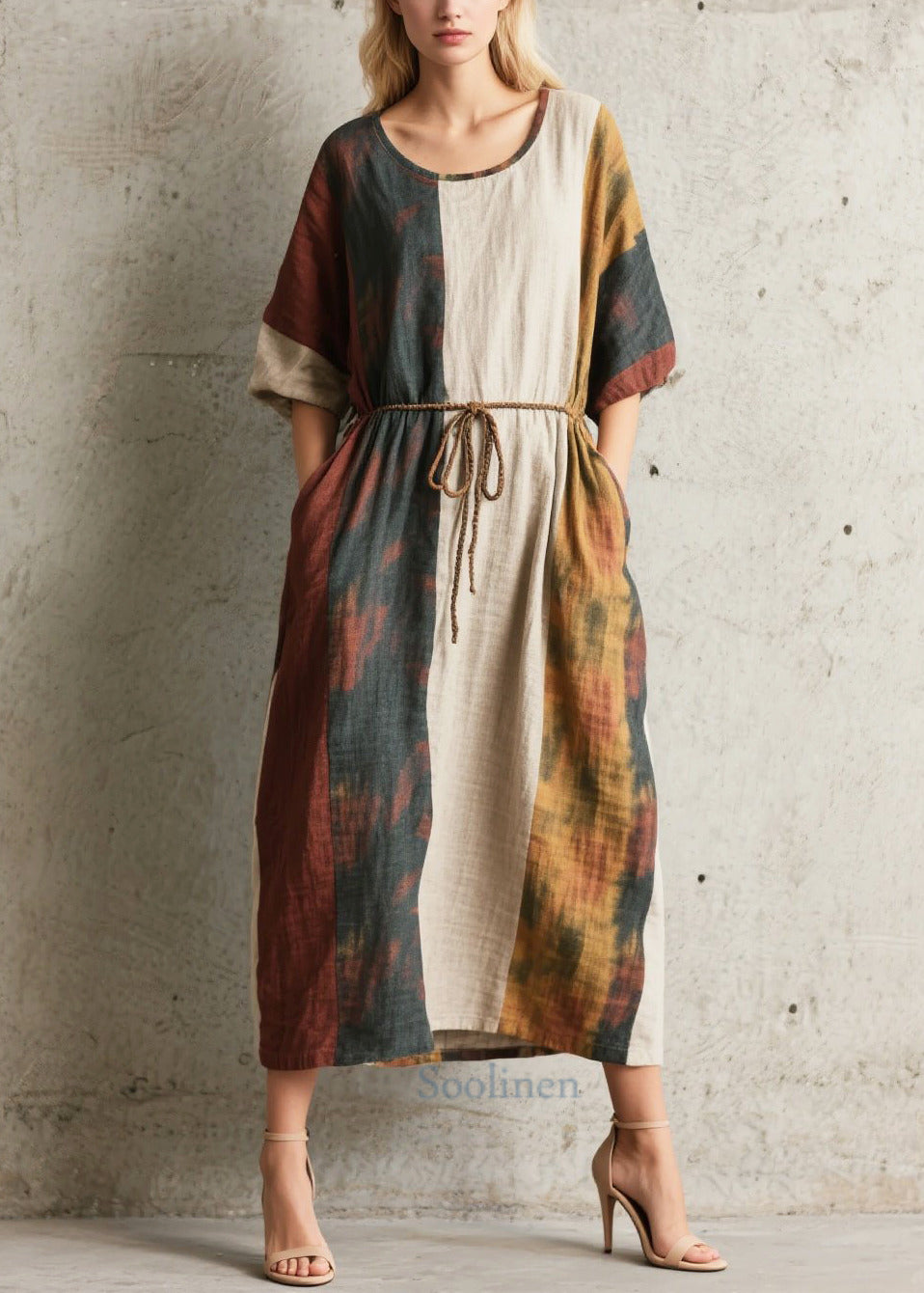 Robe patchwork coton doux à manches courtes et ceinture ajustable - EasyApparels