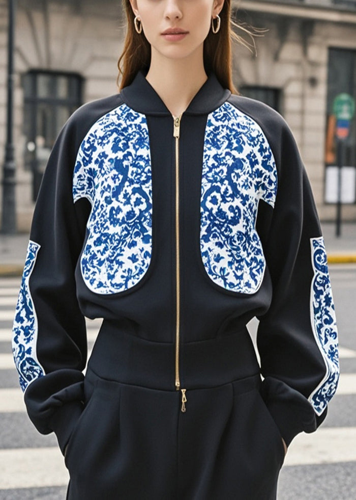 Veste sweat-shirt en coton imprimé col montant noir chic hiver - EasyApparels