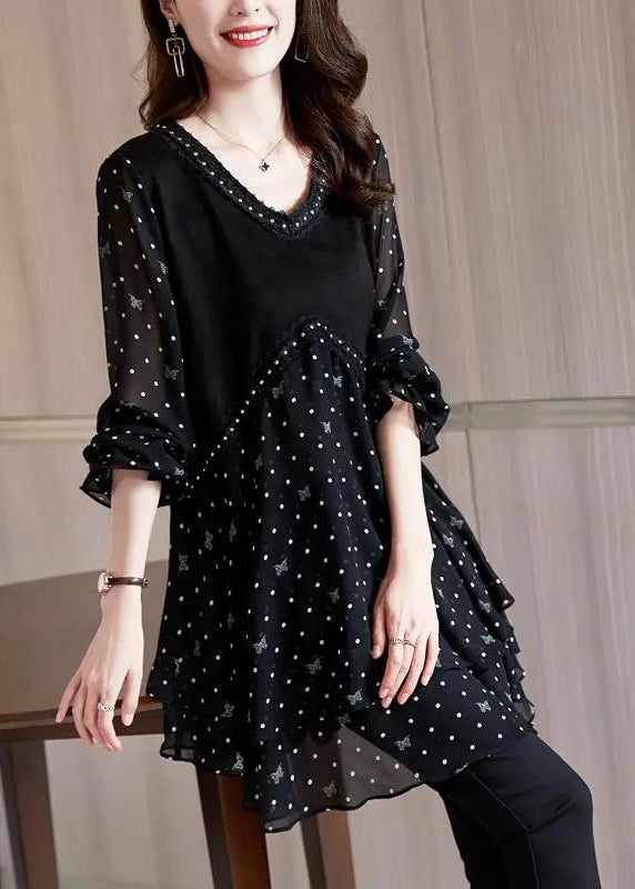 Charmeuse Noir V Neck Blouse avec Manches Élégantes - EasyApparels