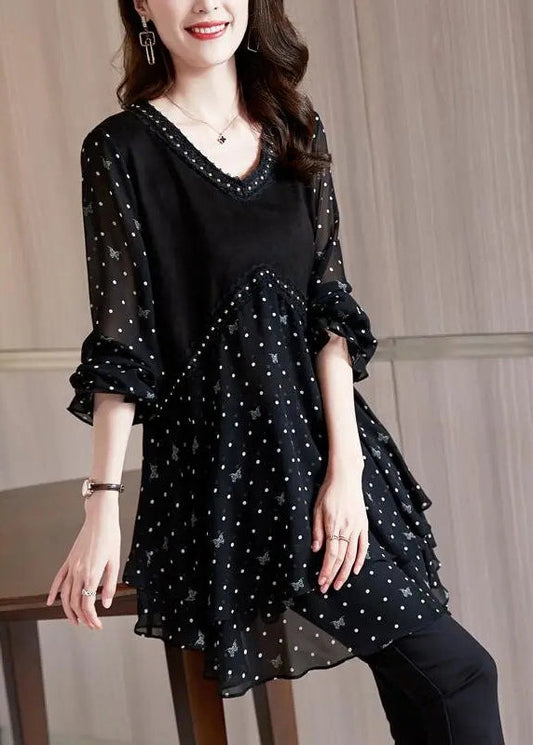 Charmeuse Noir V Neck Blouse avec Manches Élégantes - EasyApparels