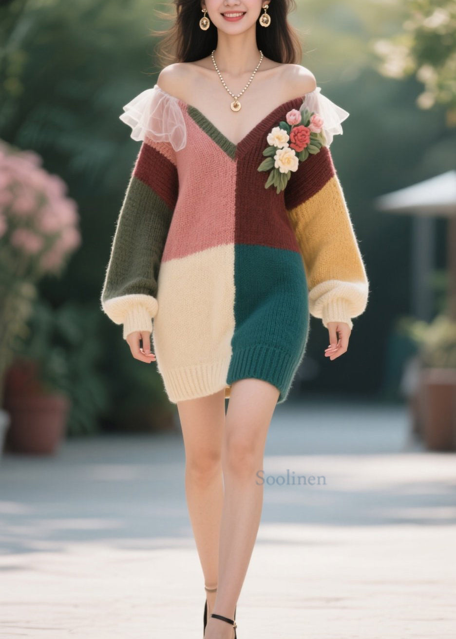 Robe en tricot fleuri avec col V et dos nu, chic et coloré pour femme - EasyApparels