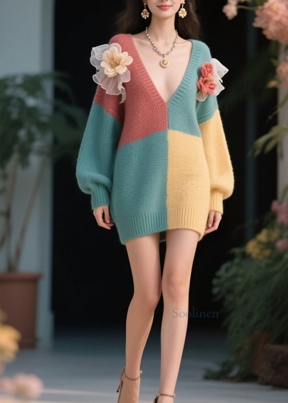 Robe pull en tricot floral à col en V et motifs colorés pour femme - EasyApparels