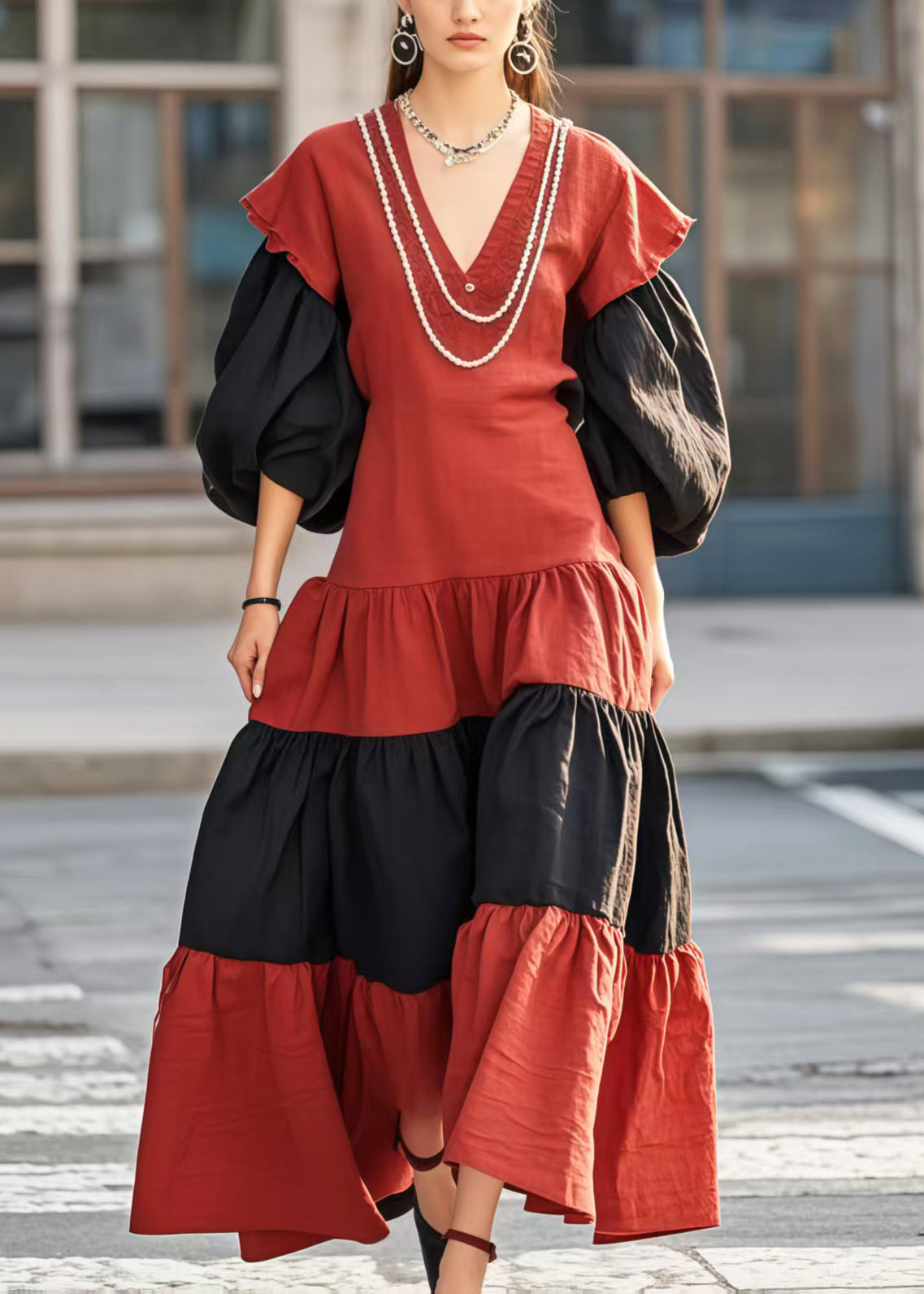 Élégante Robe de Soirée en V Manches Bouffantes - EasyApparels
