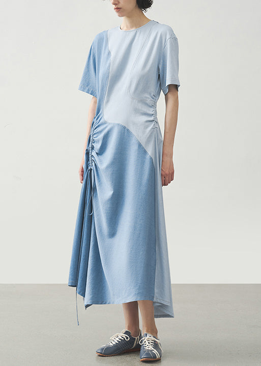 Robe décontractée en coton bleu ciel à col rond - EasyApparels