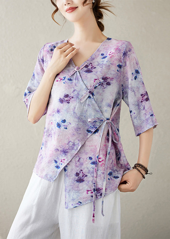 Chemisier femme coton décolleté V manches courtes violet - EasyApparels