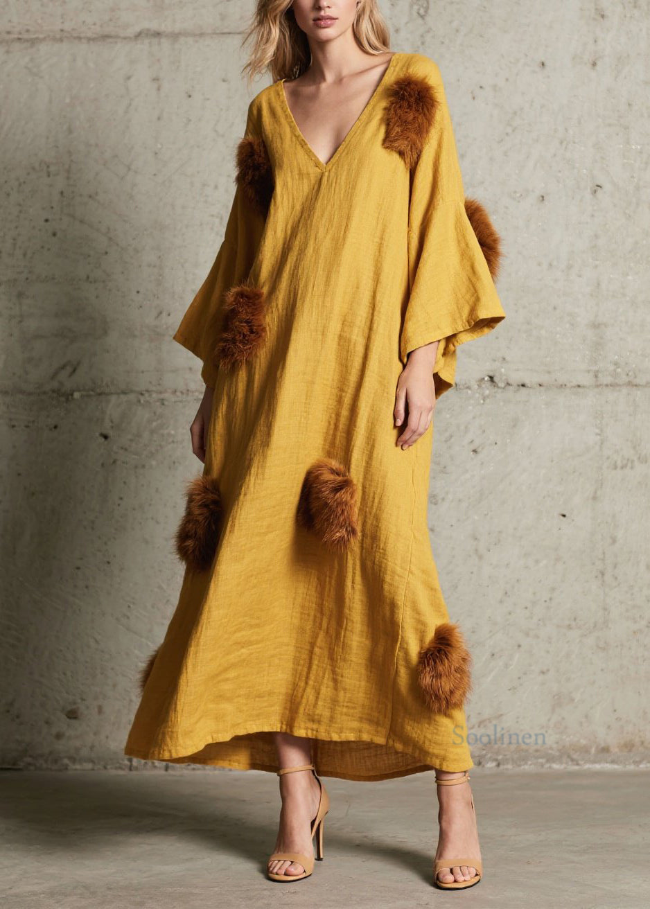 Robe chaude douce en coton jaune col V hiver - EasyApparels