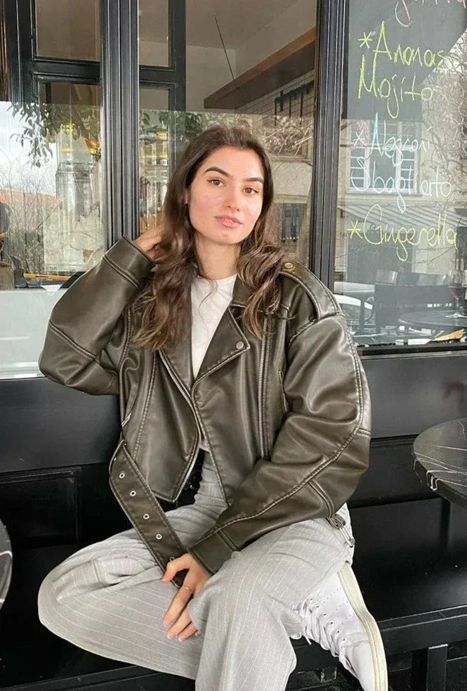 Veste Biker Femme Similicuir Ceinture Coupe Oversize - PanierRoyale