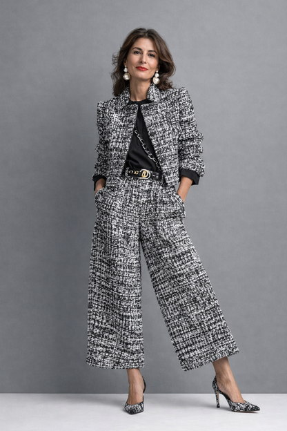 Ensemble Femme Tweed Veste Courte Pantalon Large