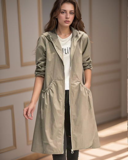 Veste Imperméable Longue Femme avec Capuche et Fermeture Éclair - PanierRoyale