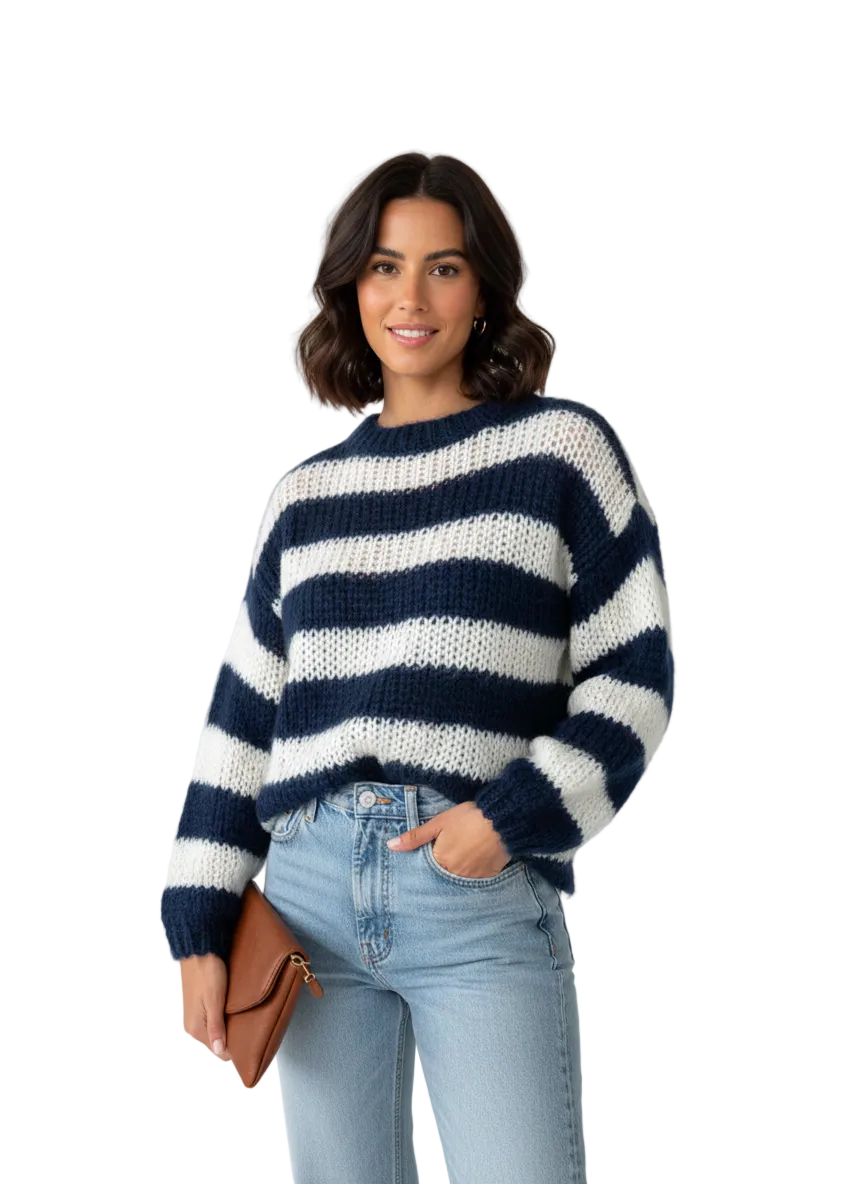 Pull Femme Rayé Grande Taille – Col Rond Confortable - PanierRoyale