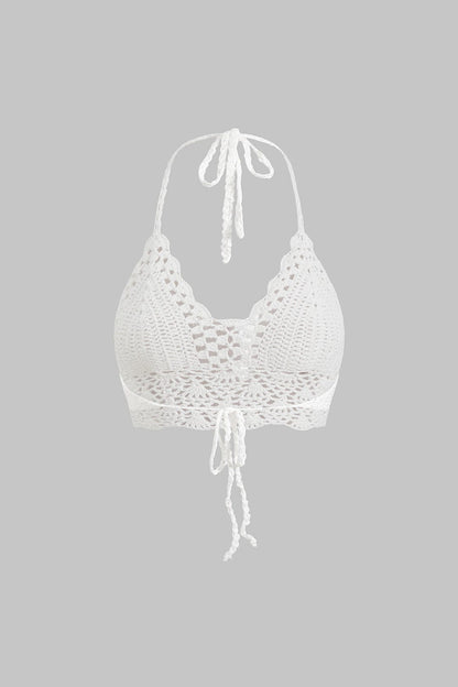 Top Boho Croppé Blanc en Dentelle avec Bretelles Réglables