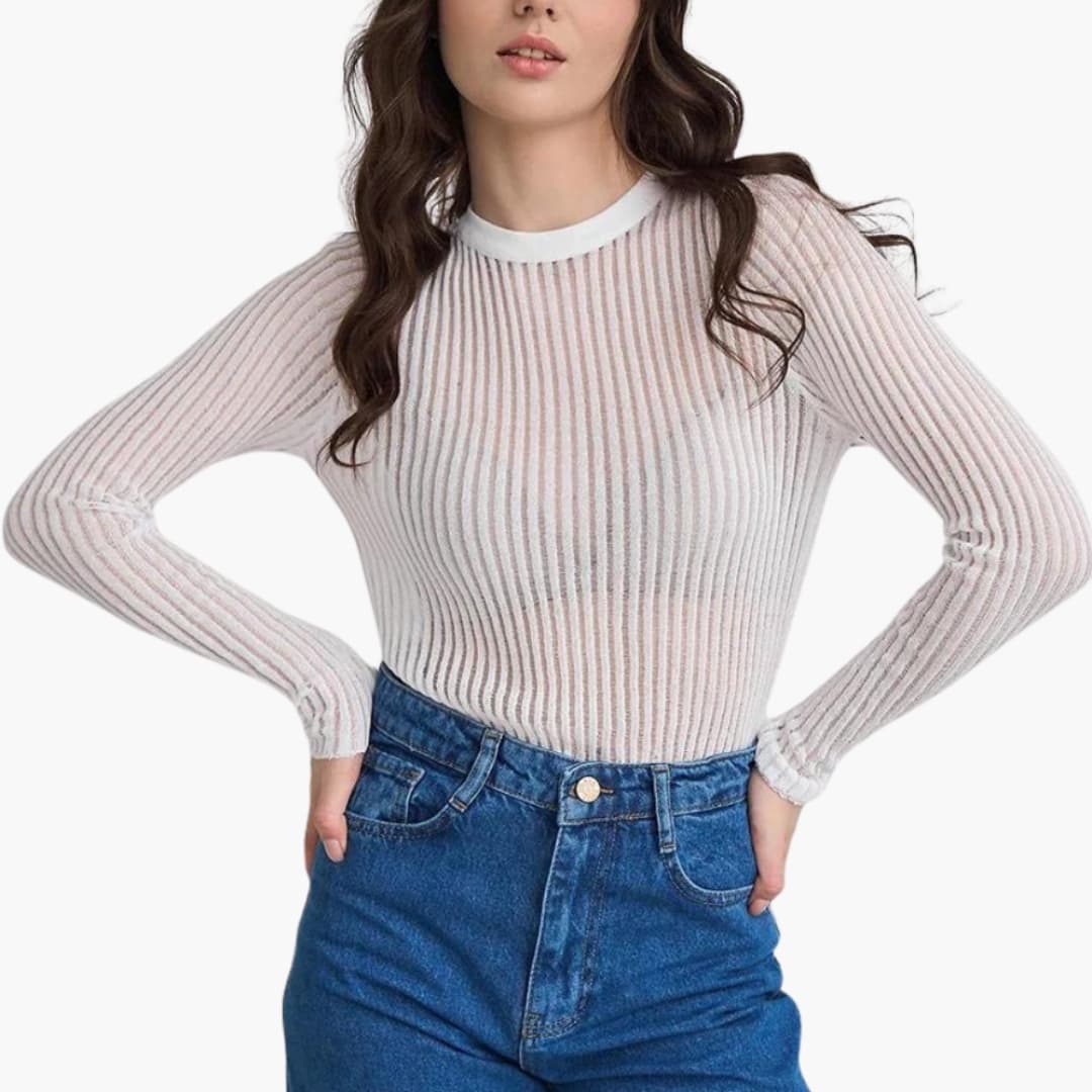 Top femme manches longues en dentelle-transparente élégant