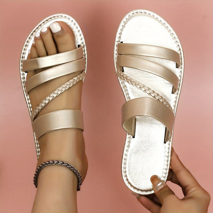 Sandales Femmes Plates en Cuir Imitation Tressé Confort Été