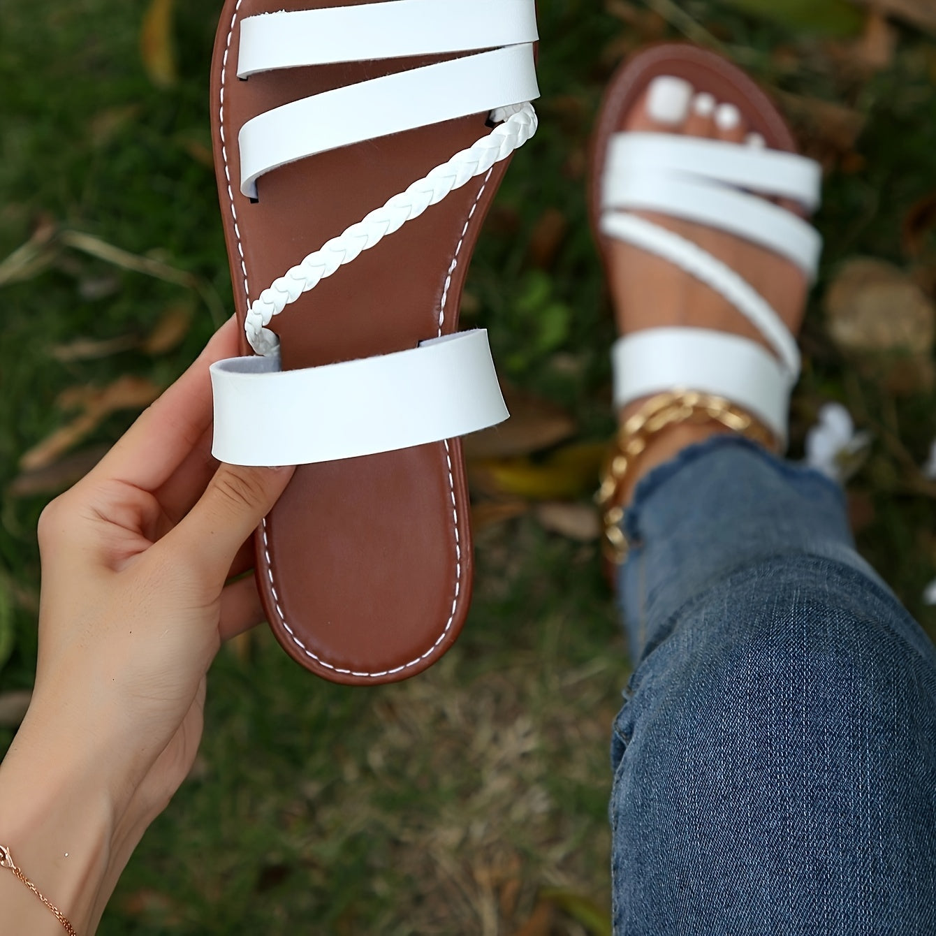 Sandales Femmes Plates en Cuir Imitation Tressé Confort Été