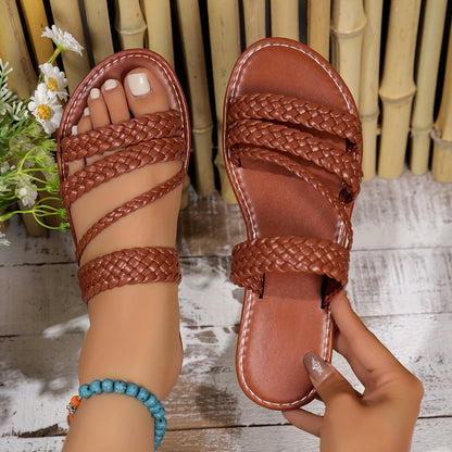 Sandales Femmes Plates en Cuir Imitation Tressé Confort Été