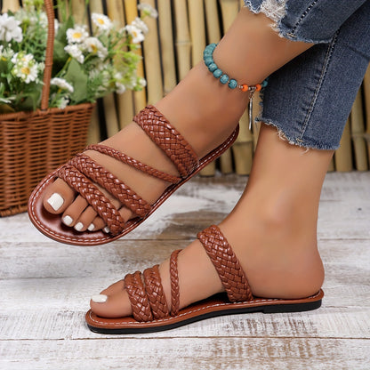 Tressalia™ – Sandales Plates Femme en Similicuir Tressé Été Confort