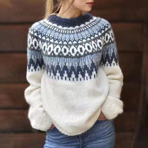 Pull Femme Laine Écossais Marine Chaud