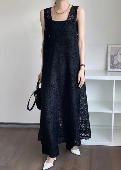 Élégant peignoir noir en dentelle grande taille sans manches - EasyApparels