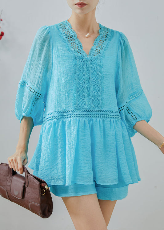 Ensemble deux pièces décontracté en coton bleu estival - EasyApparels