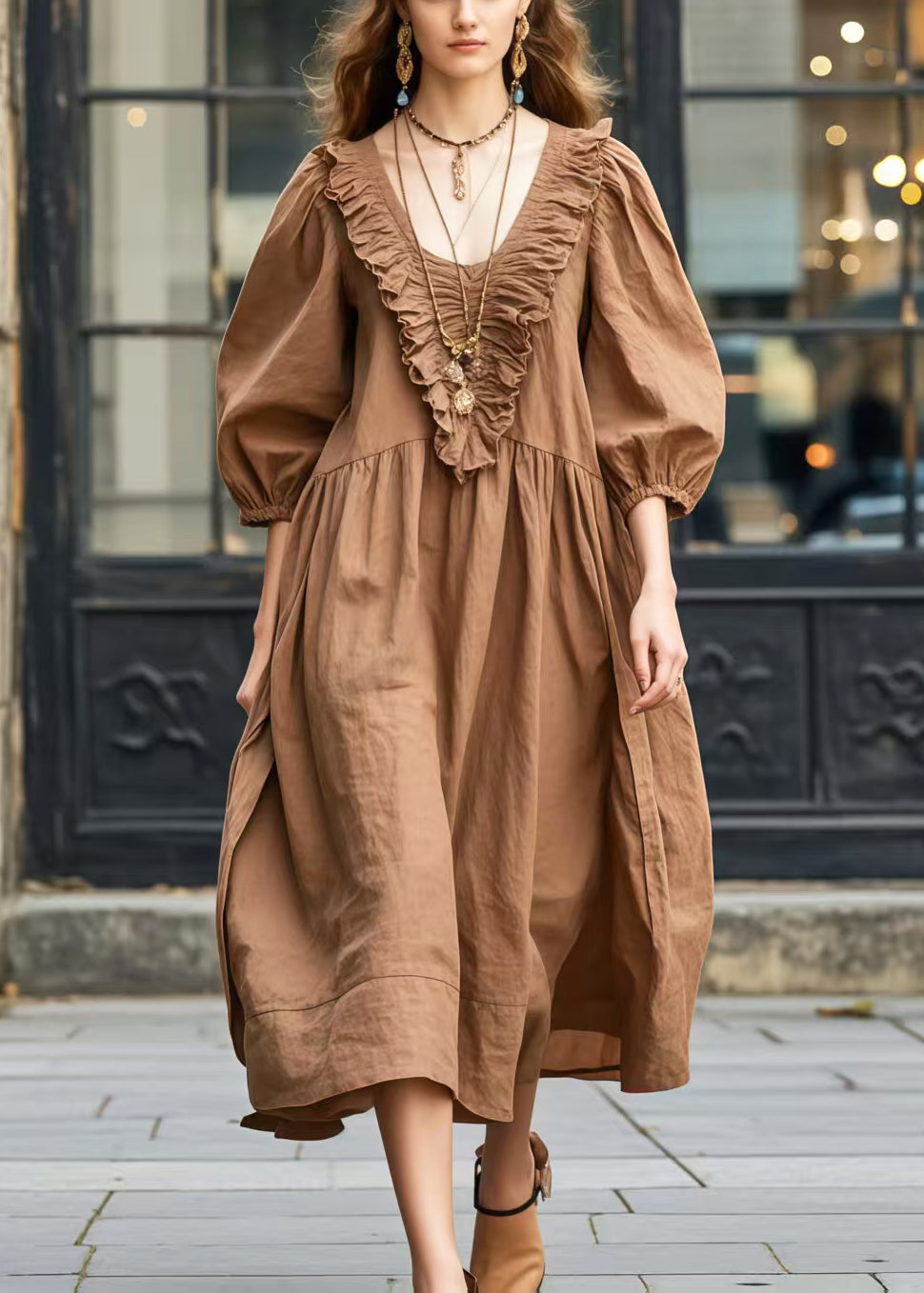 Robe longue coton broderie marron féminine manches courtes - EasyApparels