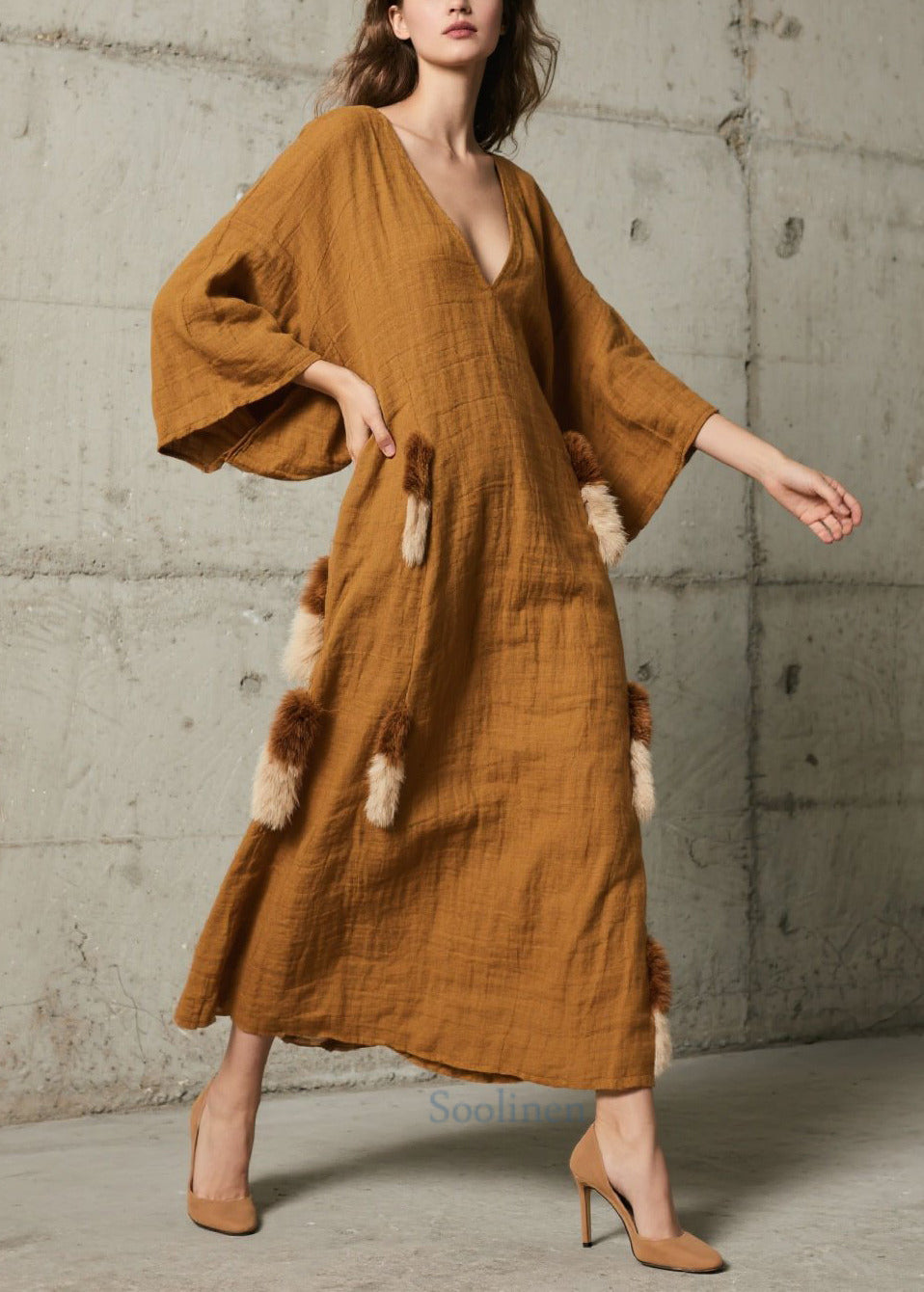 Douce robe hiver faux cuir marron patchwork femme - EasyApparels