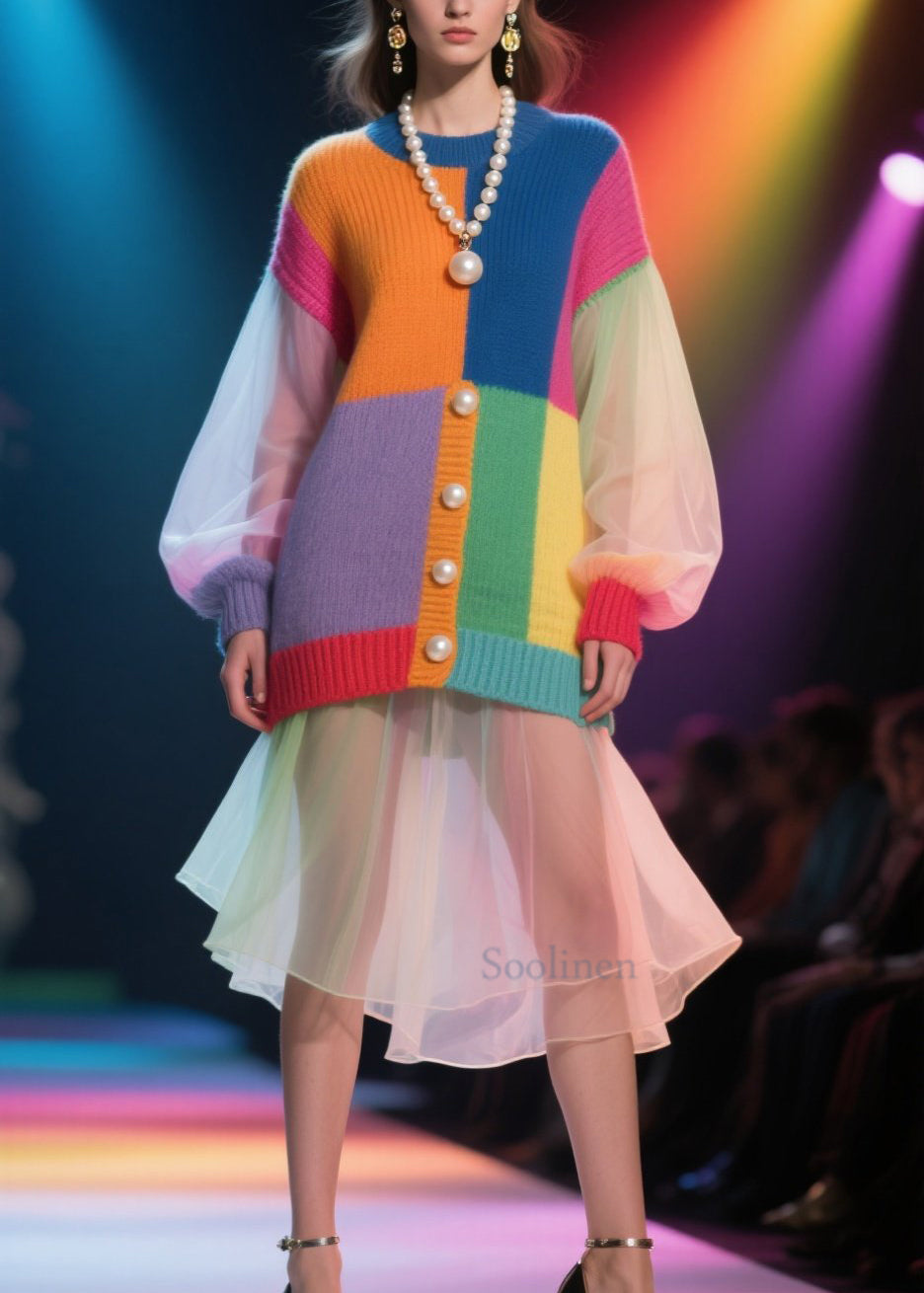 Pull en maille coloré patchwork tulle col rond automne - EasyApparels