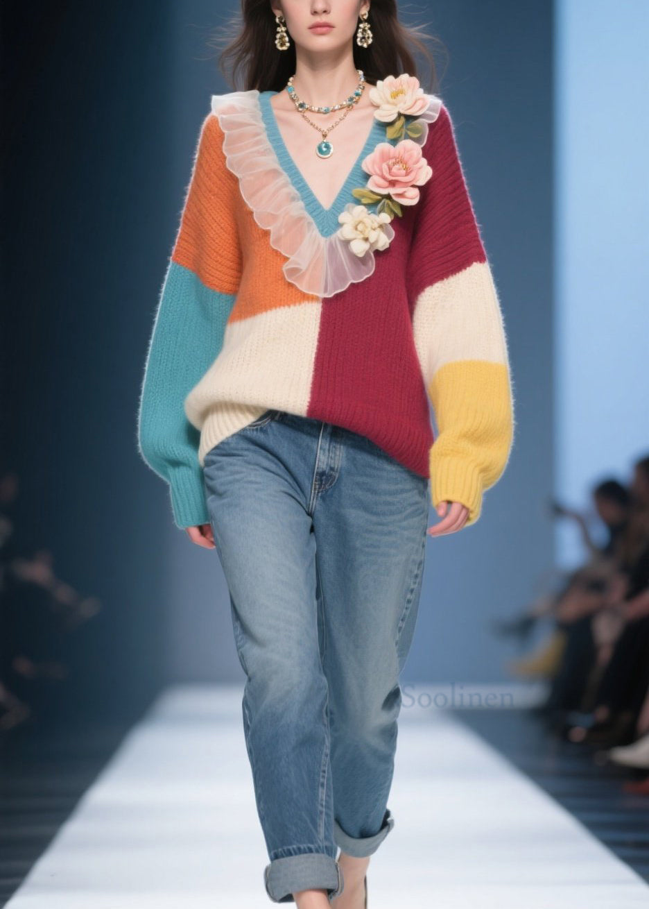 Pull en tricot fleuri à volants et col en V coloré automne - EasyApparels