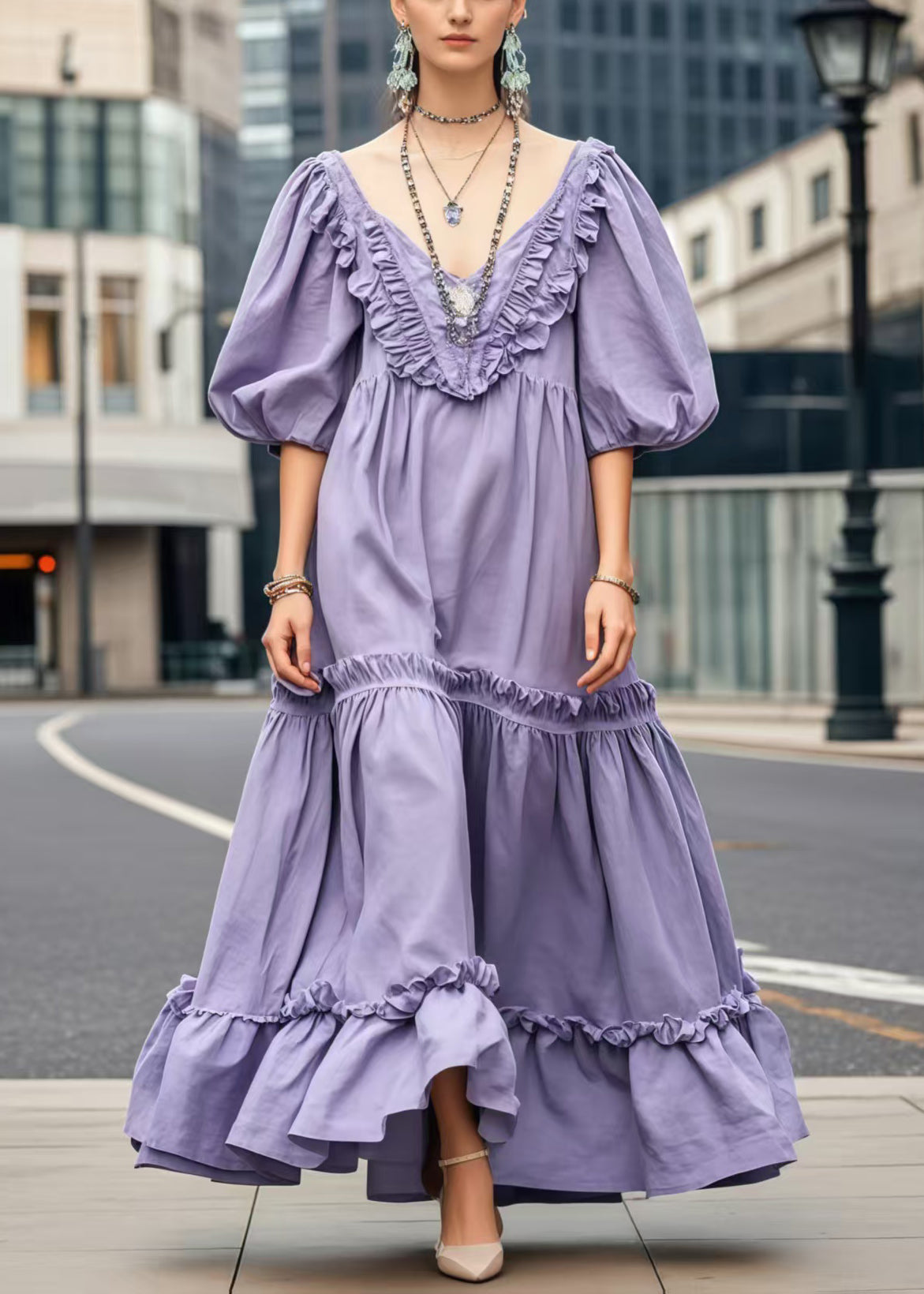 Lavande Summer Robe avec volants et ourlet large - EasyApparels
