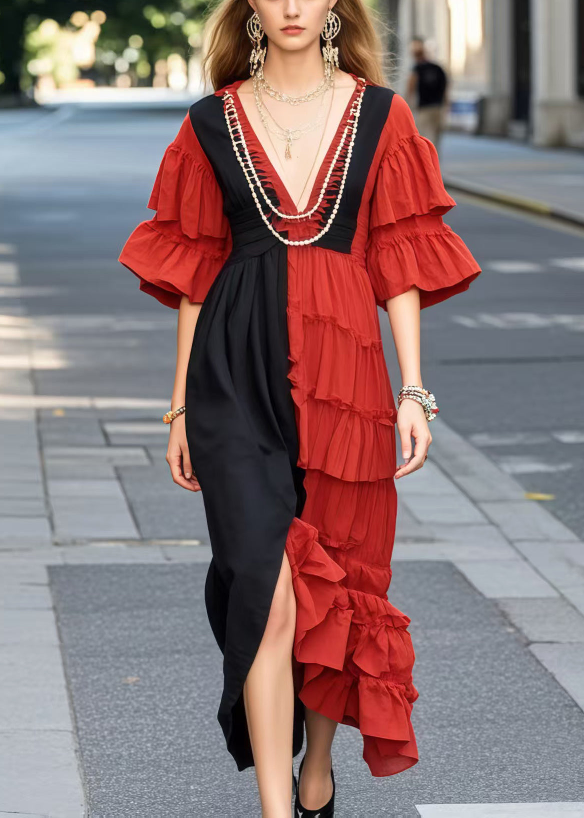 Robe d'été en coton légère à volants rouges - EasyApparels