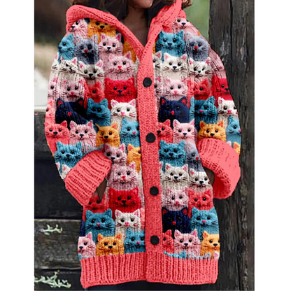 Cardigan Oversize En Maille À Imprimé Chat Pour Femme | Avec Capuche