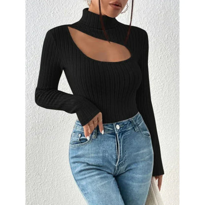 Pull Col Montant Asymétrique Beige Côtelé