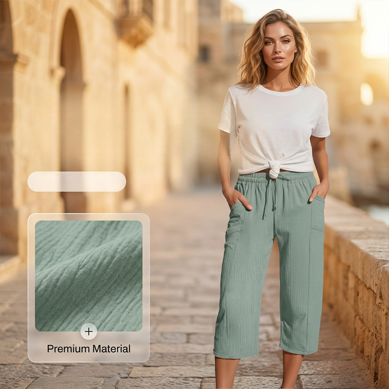 Pantalon Capri Femme Coton Lin Léger Coupe Confortable