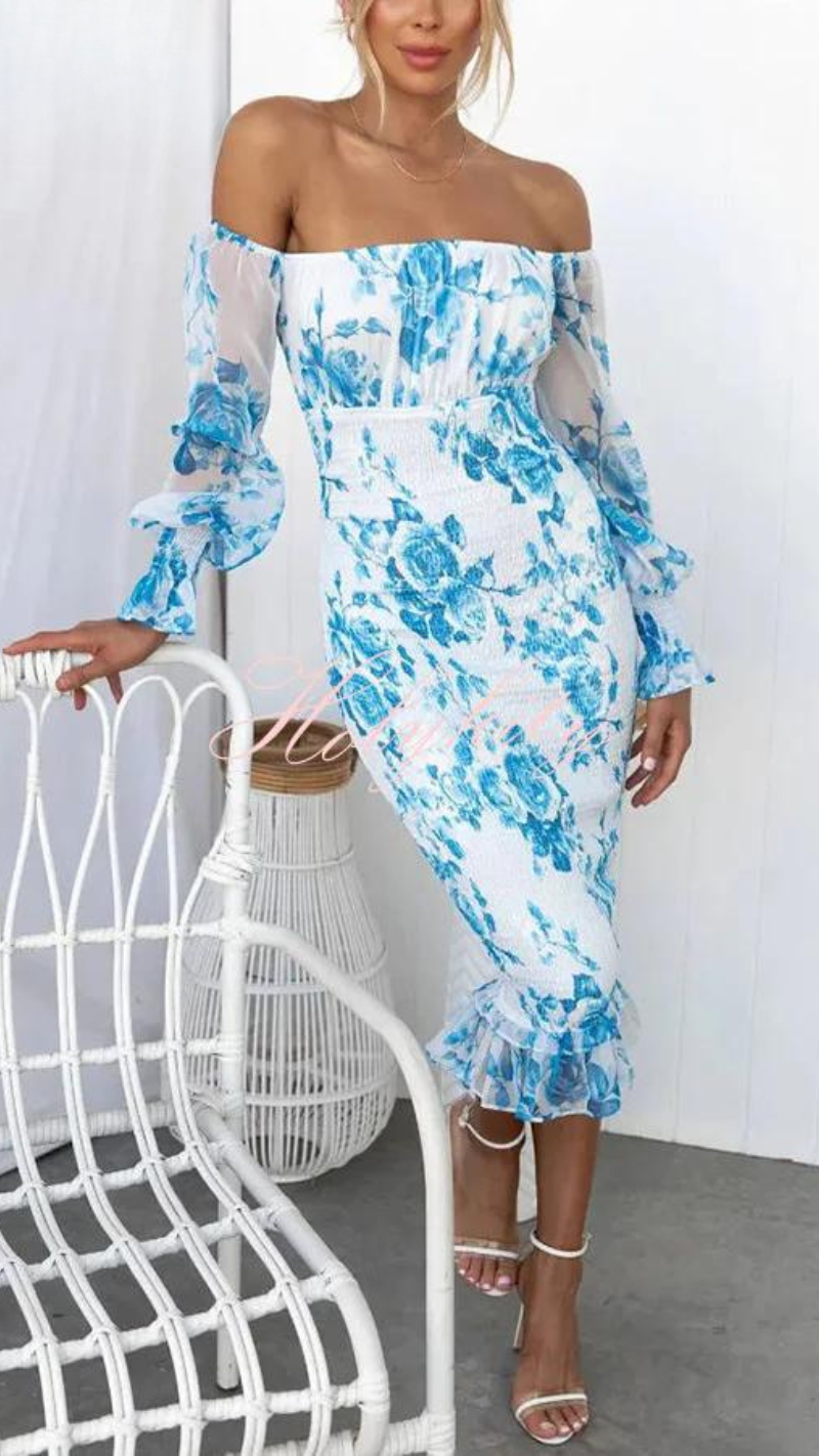 Robe Été Courte à Épaules Découvertes imprimée Fleurs Rose