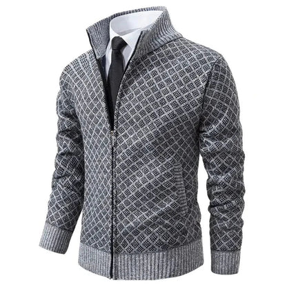 Cardigan Homme Tricot Jacquard Losangé Zippé Col Montant