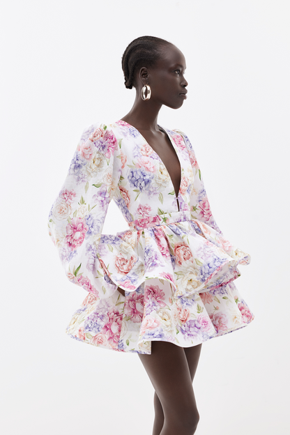 Robe Femme Coupe Évasée Imprimé Floral Manches Volumineuses