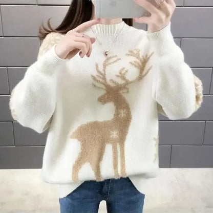 Pull Noël Femme Tricot avec Motif Renne