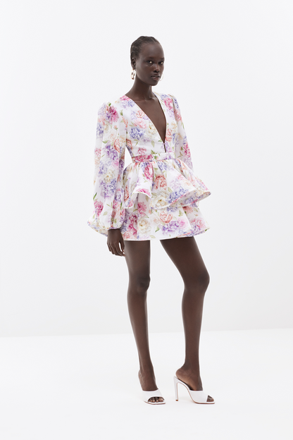 Robe Femme Coupe Évasée Imprimé Floral Manches Volumineuses