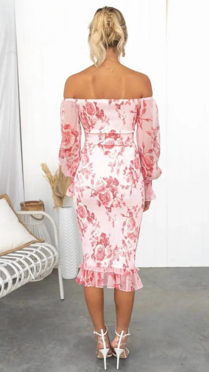 Robe Été Courte à Épaules Découvertes imprimée Fleurs Rose